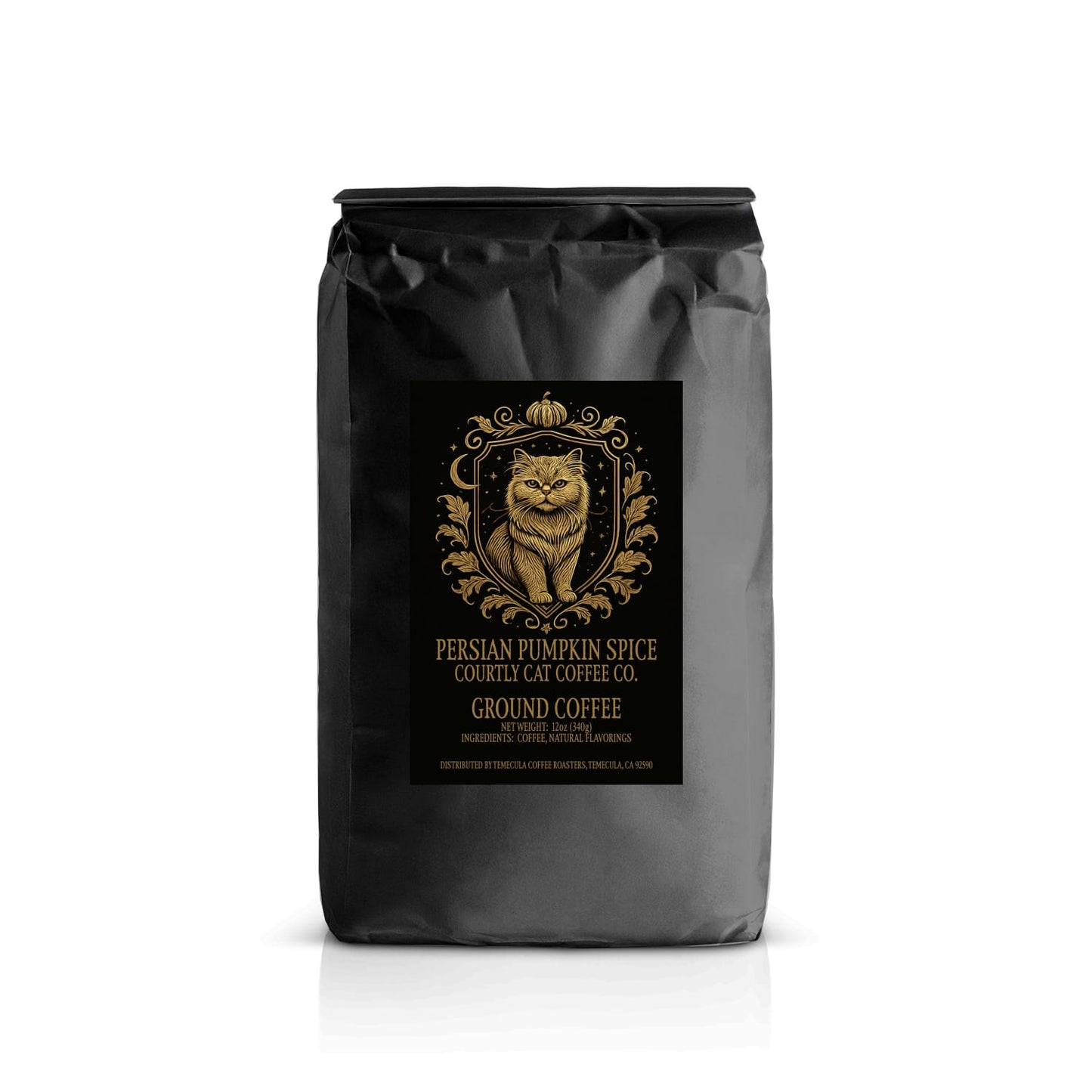 Sophisticated pumpkin spice black coffee bag with Persian breed cat gold design and celestial royal crest with text on a black background
