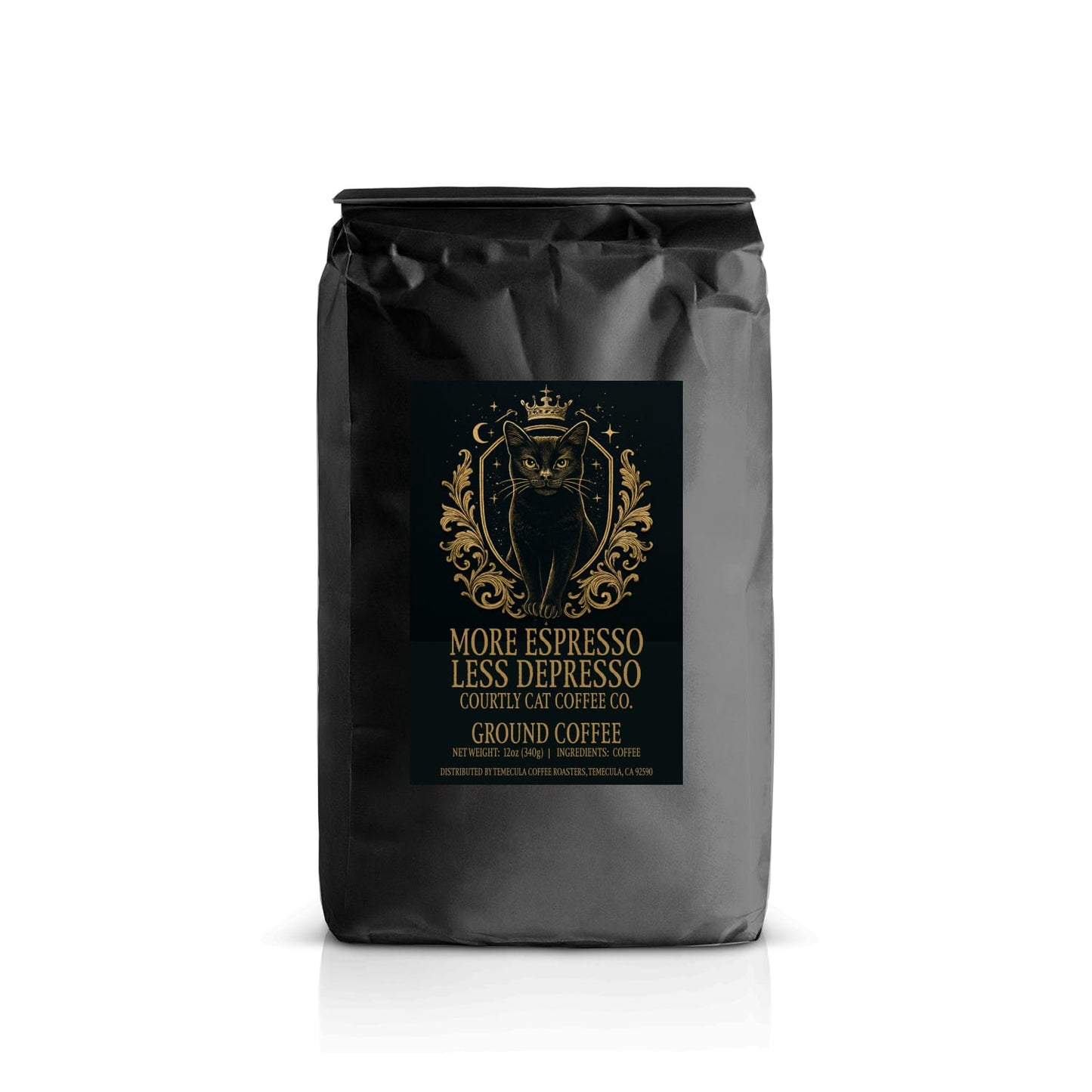Sophisticated coffee bag with a black label featuring a crowned black cat in in celestial royal crest design with a gold and black background