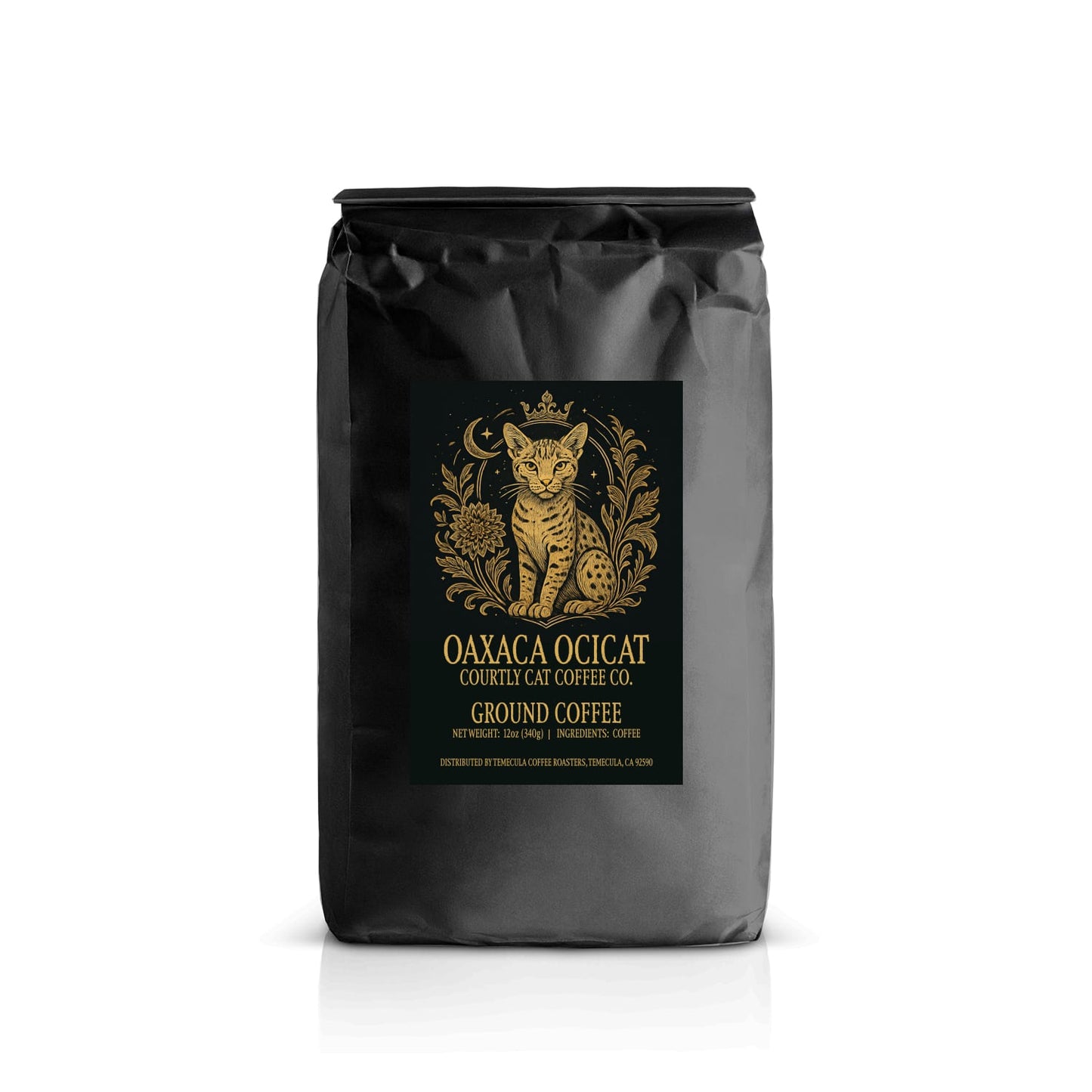 Sophisticated black coffee bag with 'Oaxaca Ocicat' cat breed with a crown in a celestial royal crest branding with a gold background