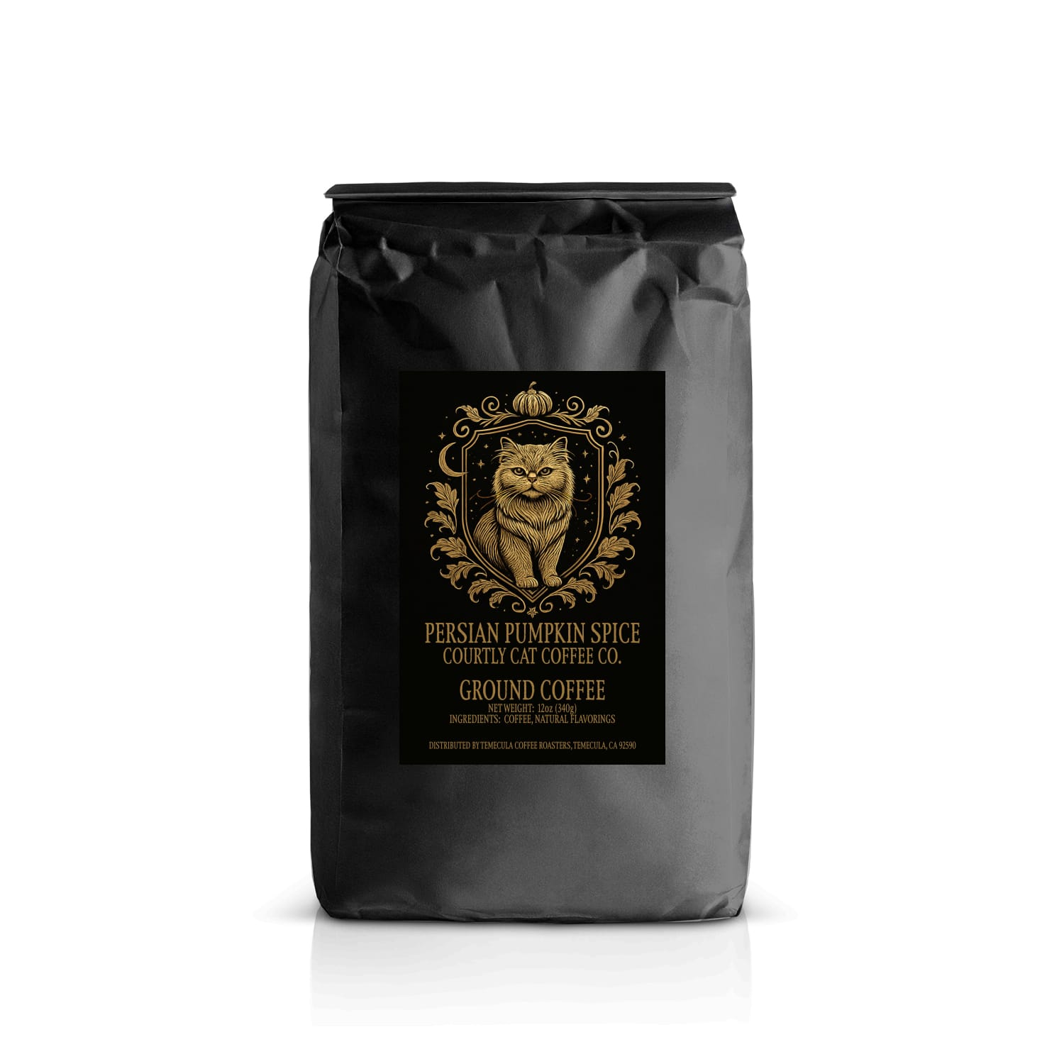 Sophisticated pumpkin spice black coffee bag with Persian breed cat gold design and celestial royal crest with text on a black background