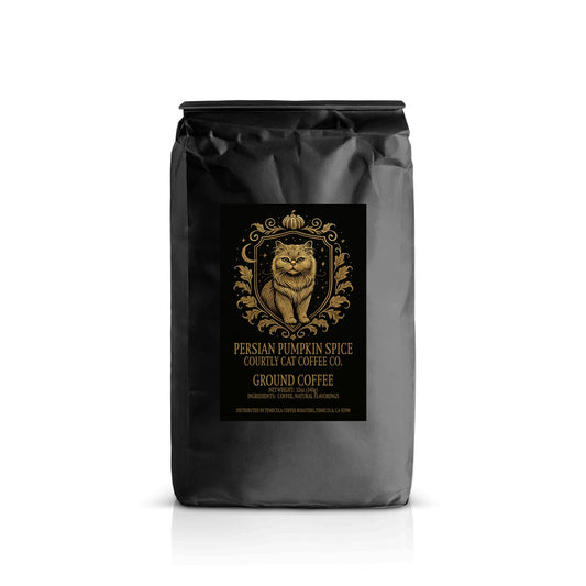 Sophisticated pumpkin spice black coffee bag with Persian breed cat gold design and celestial royal crest with text on a black background