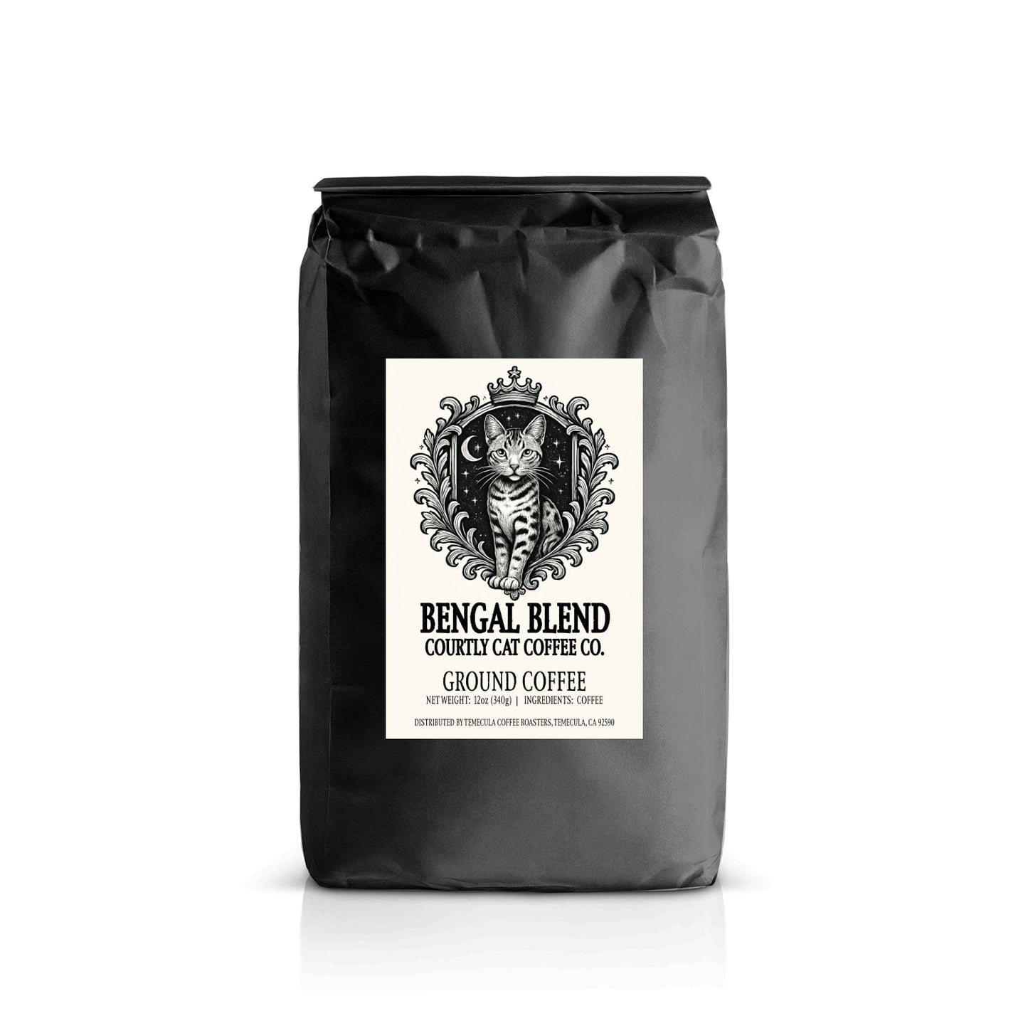 Black coffee bag featuring a regal Bengal cat in a celestial coat of arms style with crown illustration.