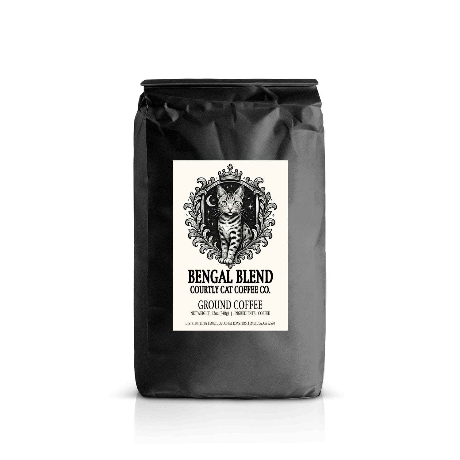 Black coffee bag featuring a regal Bengal cat in a celestial coat of arms style with crown illustration.