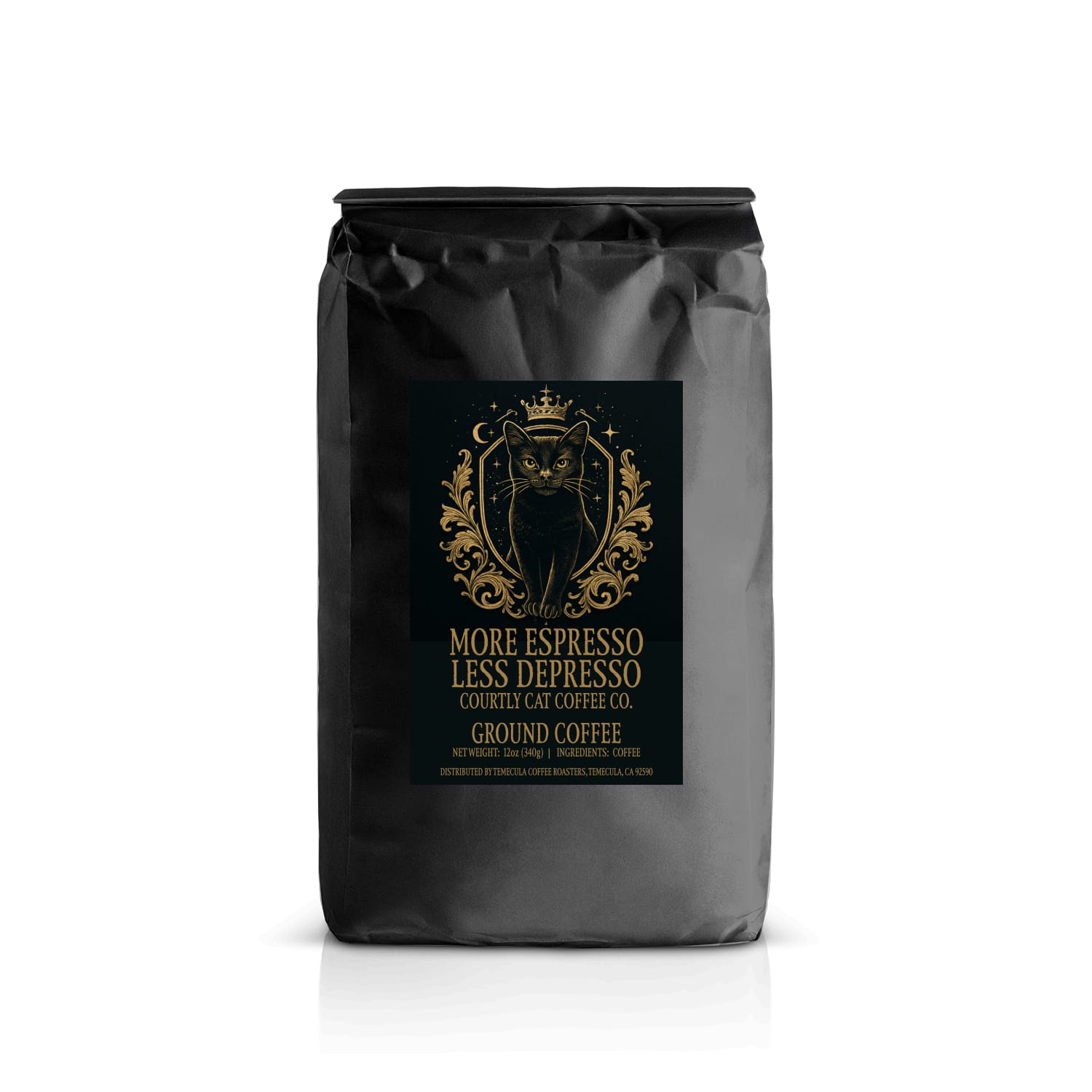 Sophisticated coffee bag with a black label featuring a crowned black cat in in celestial royal crest design with a gold and black background
