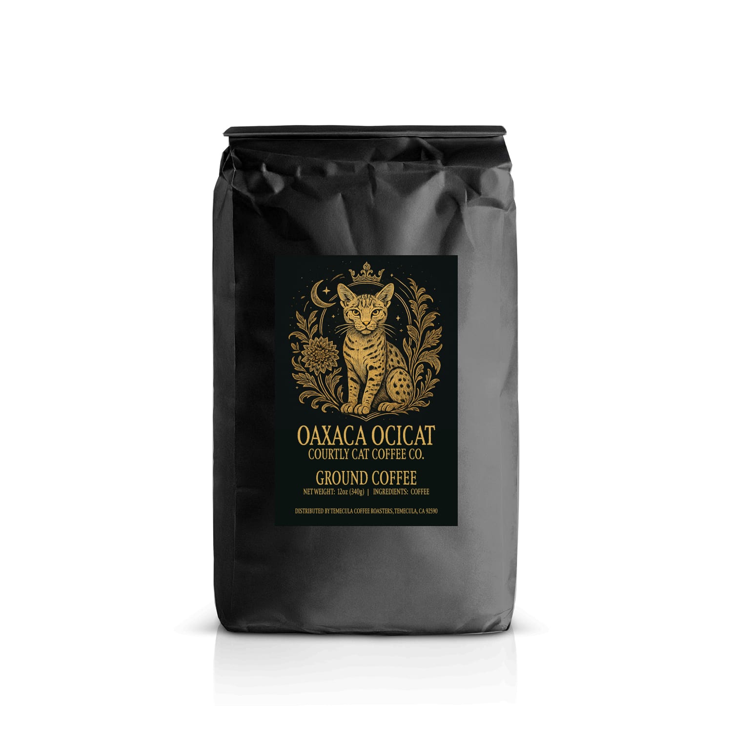 Sophisticated black coffee bag with 'Oaxaca Ocicat' cat breed with a crown in a celestial royal crest branding with a gold background